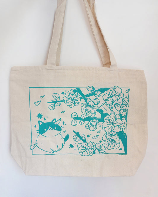 Porcelain Cherry Blossoms Silkscreened Jumbo Canvas Tote Bag with Zipper